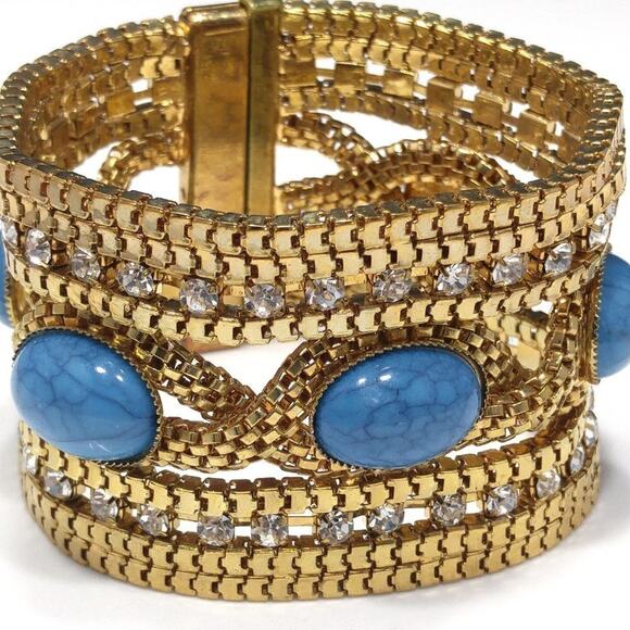 Boho Faux Turquoise Rhinestones Gold Tone Bracelet, 7 1/4 Inch, Magnetic Clasp - Picture 9 of 10